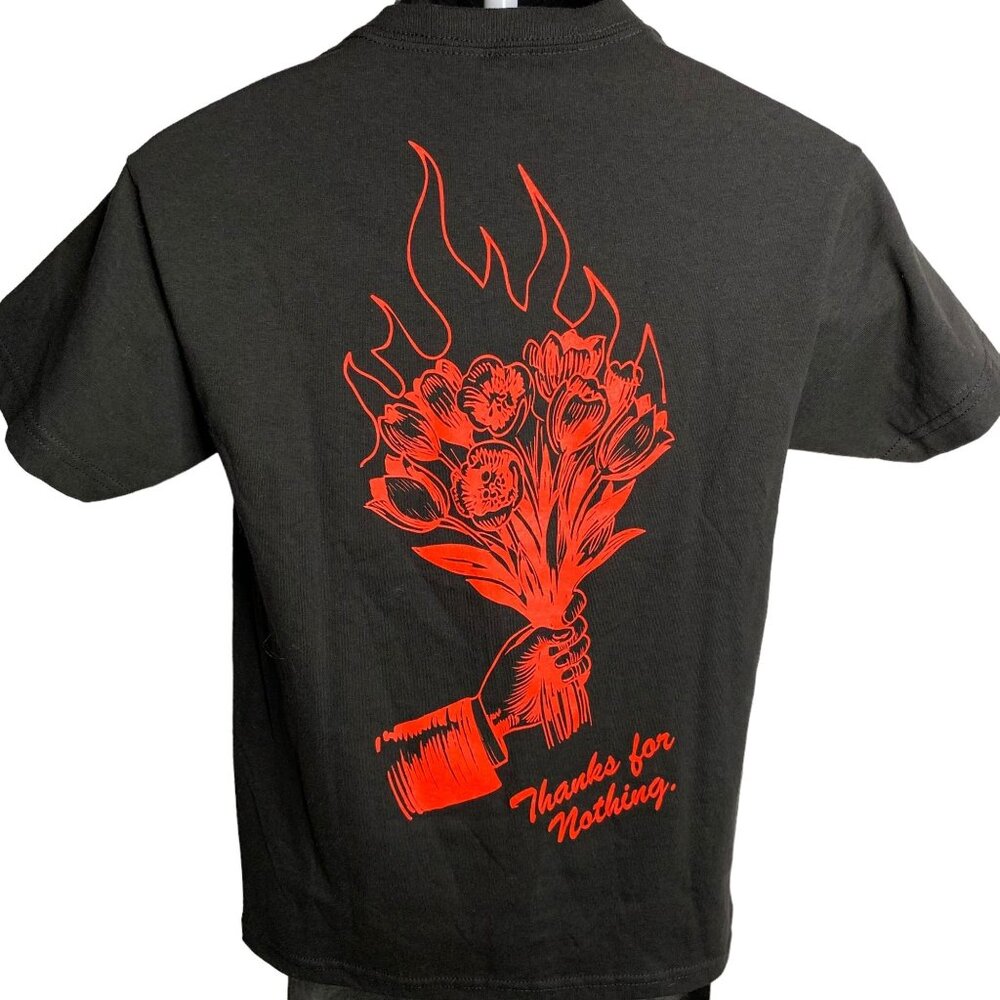 Empyre Thanks for Nothing T Shirt S Black Crewneck Short Sleeve Flaming Flowers